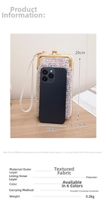 Detailed size comparison of iridescent sequin crossbody bag with a smartphone and strap