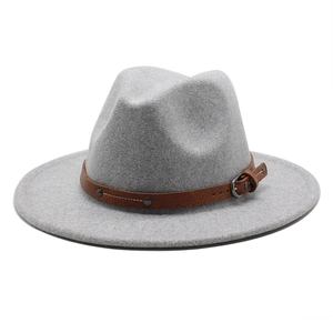 Classic light gray wool felt fedora hat with brown leather rivet band for men and women