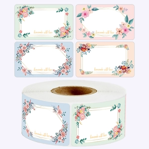 Detail of multi-color floral homemade labels showing four unique designs in a roll