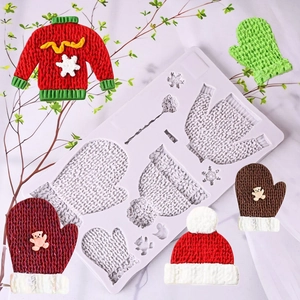Christmas silicone mold set featuring sweater, gloves, and hat shapes for DIY cake toppers