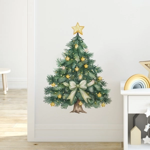 Detailed Christmas tree wall sticker with gold stars and bows in a cozy home setting