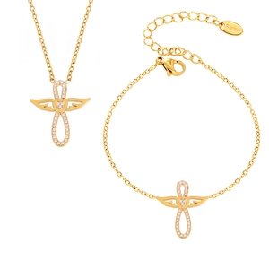 Goldenes zweilagiges Engelsflügel Kreuz Halsketten und Armband Set mit Zirkonia