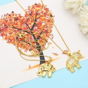 Golden elephant pendant necklaces with sparkling zircons and delicate box chain
