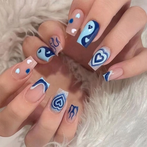 Long Square Press On Nails Blue Flame Yin Yang Heart Patterns Shiny Artificial False Nails For Women