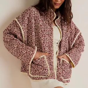 Women Floral Print Quilted Jacket Stand Collar Lightweight Padded Coat With Pockets Vintage Casual Long Sleeve Outwear