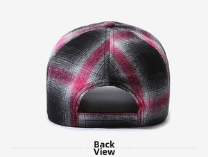 Back view of classic plaid baseball cap featuring red and grey checkered fabric detail