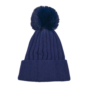 Winter knitted warm hat for children in navy blue with a large faux fur pom-pom detail