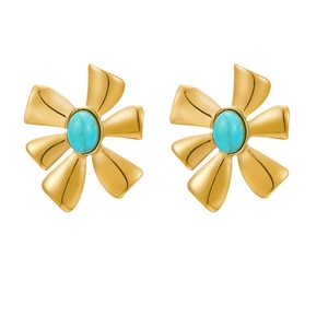 Elegant gold flower earrings with turquoise stone inlay on a clean white background