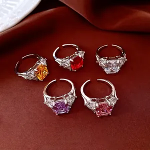 French court style square zircon open ring set with five color stones on satin fabric