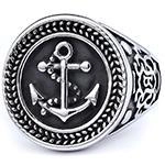 Vintage stainless steel anchor ring for men with embossed details and silver black finish