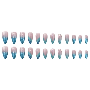 Blue and nude pink gradient almond press-on nails with glitter and rhinestones set