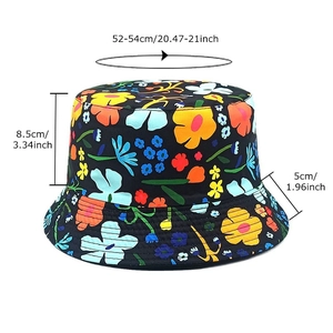 Floral print kids bucket hat in black with colorful flower patterns and size dimensions