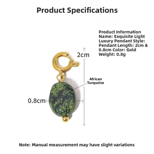 Detail of African Turquoise pendant in gold finish with 2cm height and 0.8cm width specs