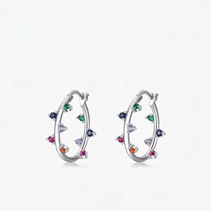 925 Sterling Silver Hoop Earrings With Colorful Zircon Stones Rainbow Chic Fashion Jewelry For Women