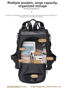 Detail view of the black quilted nylon backpack showing its large internal capacity for iPad