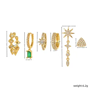 Detailed size chart for geometric tassel earrings set with zircon and gold plating