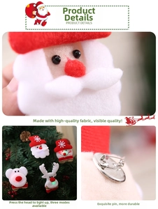 Detail showing plush Christmas glowing pins with metallic safety pin back and light modes