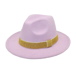 Classic lilac wool fedora hat with a wide brim and sparkling gold glitter ribbon band