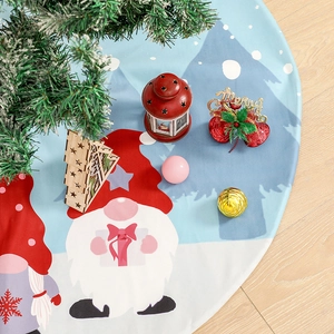 Round Christmas tree skirt with festive gnome prints and holiday ornaments on wood floor