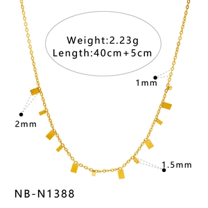 Detail view of a 2.2g stainless steel chain necklace with small gold rectangular charms