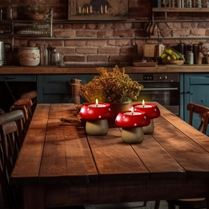 Three mushroom-shaped wooden candlesticks with burning candles on a rustic wooden table