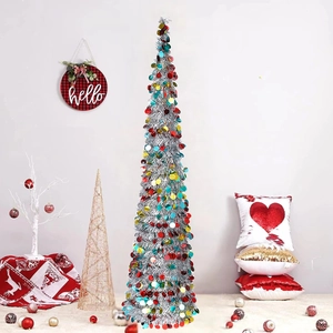 Collapsible silver tinsel Christmas tree with colorful sequins for festive indoor decor