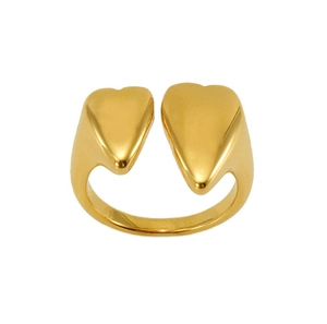 Detailaufnahme des 18k Gold-Doppelherzmotivs und Hochglanz-Finishs auf dem Ring