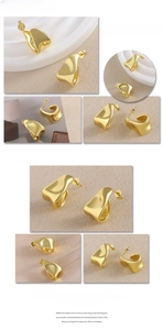 Detailed views of irregular gold-plated geometric C-shaped earrings with shiny finish