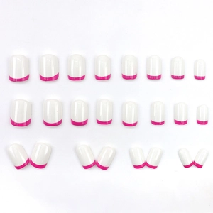Faux ongles courts carrés blancs avec pointes French rose vif, lot de 24 pièces