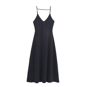 Elegante Vestito a Pois con Spalline Scollo a V Senza Maniche Schiena Scoperta Linea A Fluido Estivo Vintage Francese Midi Donna Nero Bianco