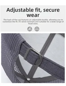 Detail of adjustable metal buckle and breathable mesh fabric on the baseball cap back