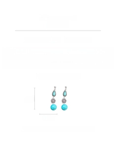 Detail view of Bohemian flower teardrop earrings with measurements and blue faux stone