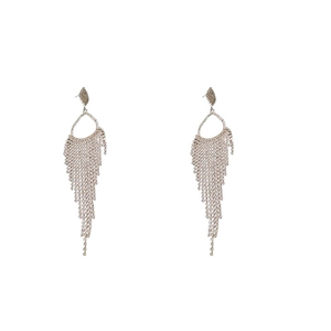 Silver rhinestone teardrop tassel earrings with elegant long fringe and luxury design