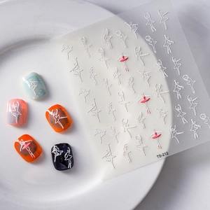Minimalist 5D ballet silhouette nail art stickers with white and red dancer patterns