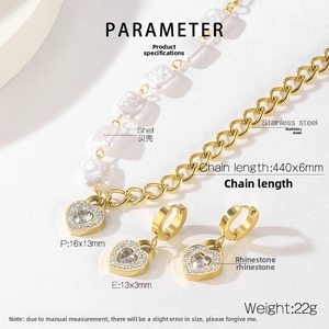Detailed specs of gold heart lock necklace and shell earrings in stainless steel