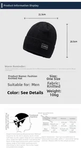 Size chart for men's knit beanie showing dimensions and head circumference guide