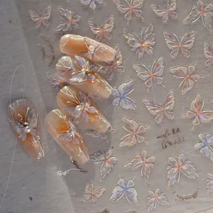 Detail showing MS 483 iridescent butterfly nail stickers with 3D shell light effect