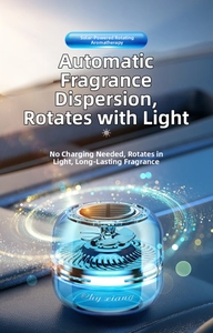 Solar powered car aromatherapy diffuser with rotating fan on dashboard for air freshness