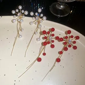 Silver needle flower earrings with pearls and long tassels in white and red styles