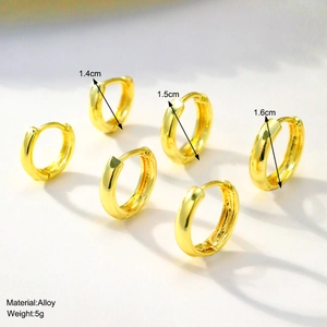 Detailed view of three pairs of gold alloy C-shaped earrings in 14mm 15mm and 16mm sizes