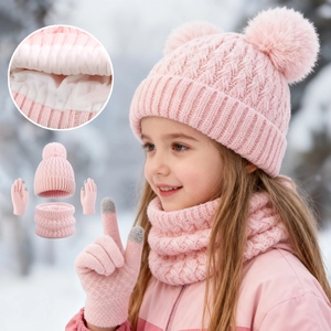 Kids winter set with double pompom hat, scarf and touchscreen gloves in pink fleece