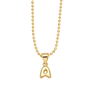 Polished gold initial A pendant on a delicate bead chain necklace with a minimalist design