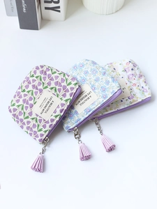 Floral fabric mini coin purses with tassels for lipstick and card storage