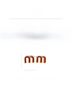 Detailed view of red enamel letter M stud earrings with gold plating and size dimensions