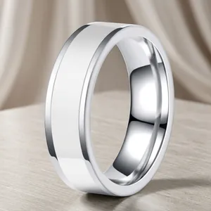Minimalist silver-tone stainless steel ring with vacuum gold plating and stepped edges