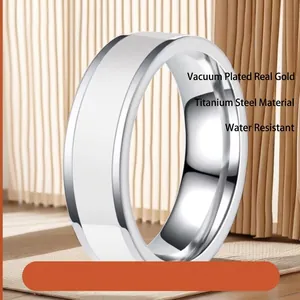 Minimalist silver-tone stainless steel ring with vacuum gold plating and stepped edges