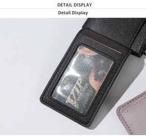 Detail view of the black PU leather card holder showing the transparent ID window and stitching