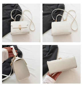 Detail views of white crocodile pattern crossbody bag with gold metal buckle and top handle