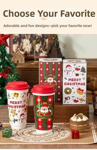 Christmas snowman and Santa mugs with red lids and matching festive gift boxes