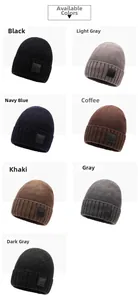 Detail view of seven color options for this rib-knit thermal beanie with leather patch
